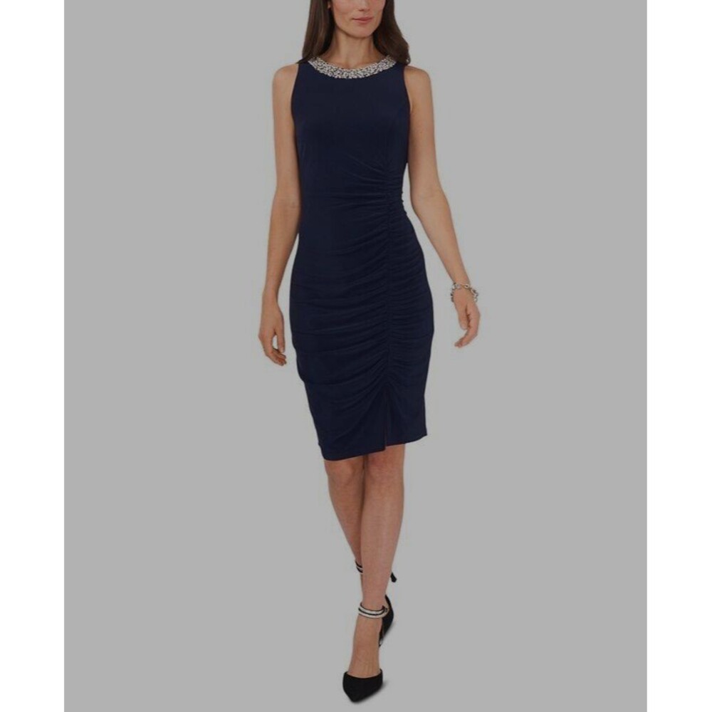 MSK Women's Petite Embellished-Neck Open-Back Side Ruched Dress Black 12P